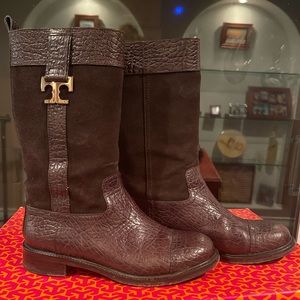 Tory Burch Coconut Leather and Suede Mid Calf Boot Size 8.5